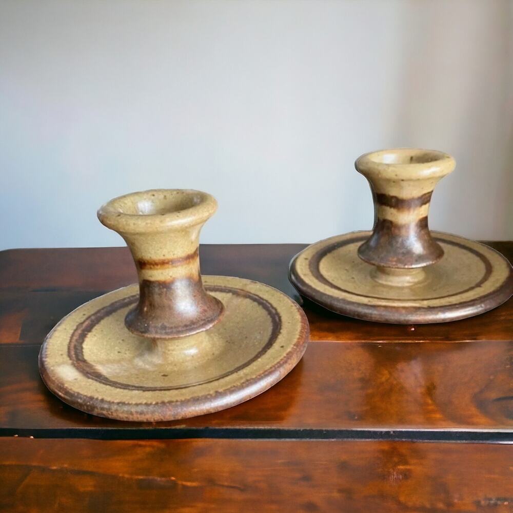 Larry Pejeau Studio Pottery Candle Holders MCM Stoneware Pair Signed Speckled